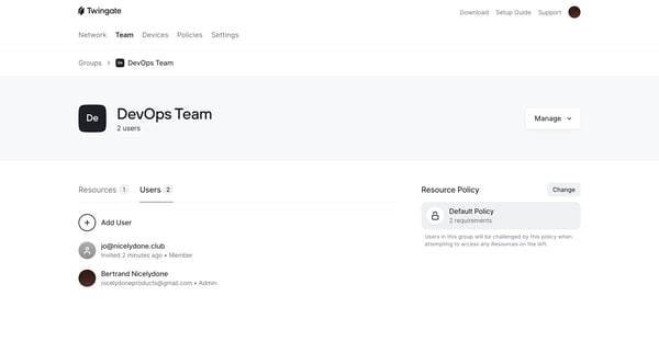 DevOps Team | Twingate Admin screen