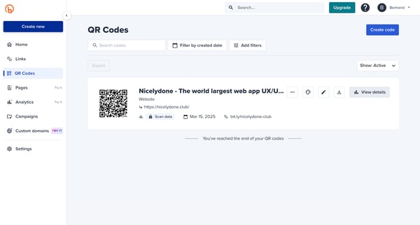 Bitly | QR Codes screen