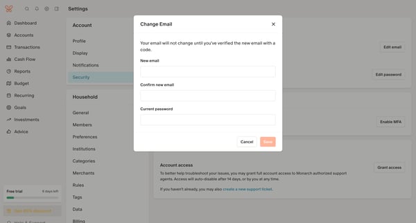 Security Settings screen