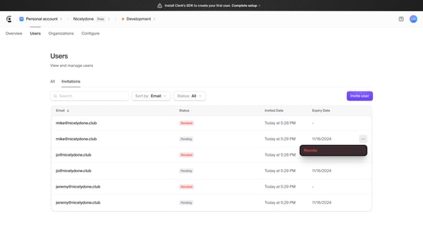 Dashboard | Clerk.com screen