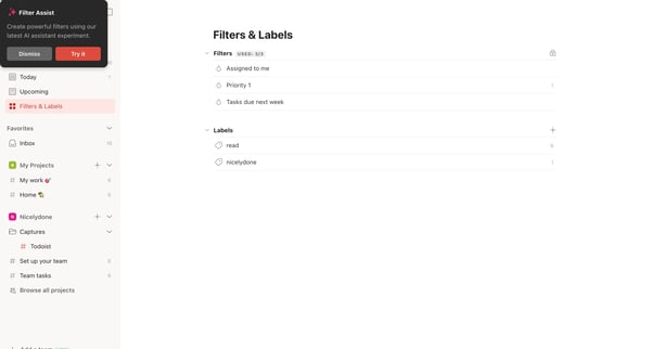 Filters | Labels – Todoist screen
