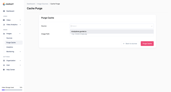 Purge Cache - Gumlet screen