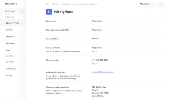 Mercury | Banking for startups screen