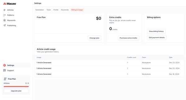 Billing Settings | Macaw screen