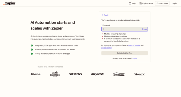 Sign up | Zapier screen