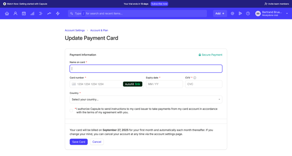 Update Payment Card | Nicelydone club CRM screen