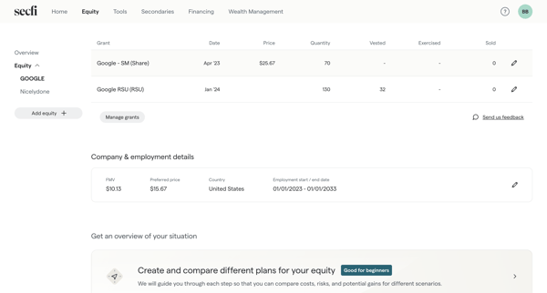 Equity | Secfi screen