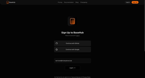 Sign Up — BaseHub screen