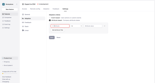 Feature › Export to CSV › Feature Settings › Adoption screen