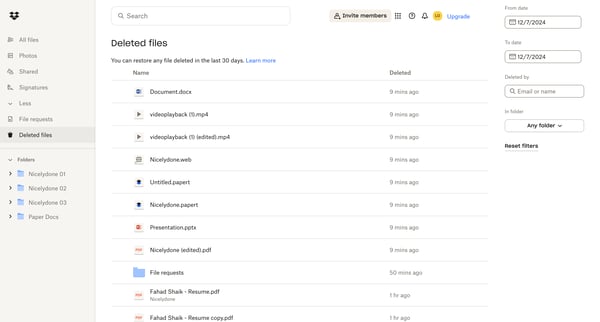 Deleted files - Dropbox screen