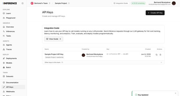 Dashboard | inference.net screen