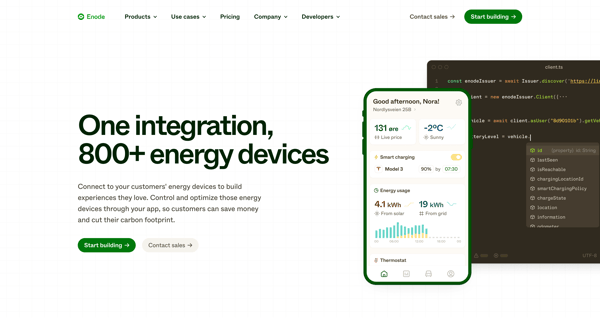 Enode One integration, connect to 800+ energy devices screen