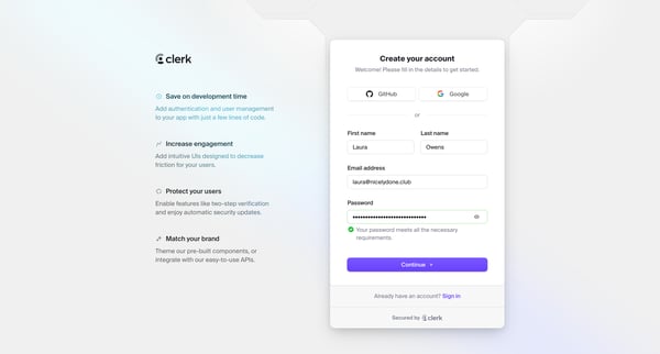 Sign up | Clerk screen