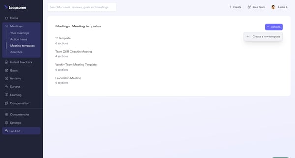Meetings | Templates  Leapsome screen
