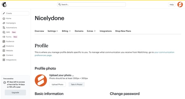 My Profile | Mailchimp screen