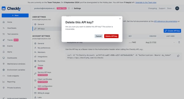 User | API keys screen