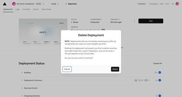nextjs – Deployment Overview screen