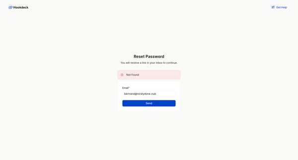 Reset password request - Hookdeck screen