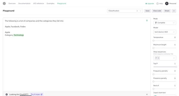 Playground - OpenAI API screen