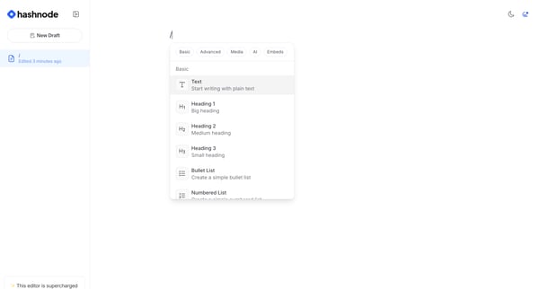 Free AI-powered Markdown WYSIWYG editor — Hashnode screen