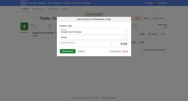 Timesheet – nicelydone – Harvest screen