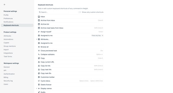 Keyboard shortcuts - Height screen