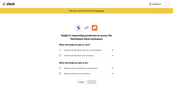 Height is requesting permission to access the Nicelydone Slack wo screen