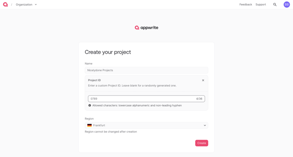 Create project - Appwrite screen