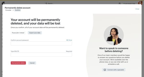Account Close | Mailchimp screen