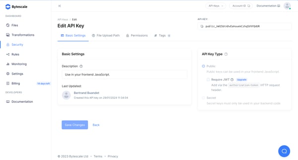 Edit API Key | Bytescale screen