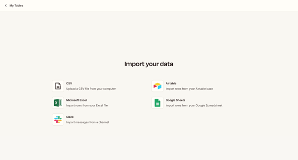 Import Data - Zapier Tables screen