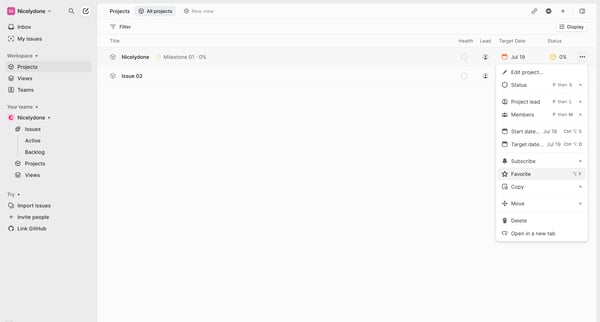 Projects screen