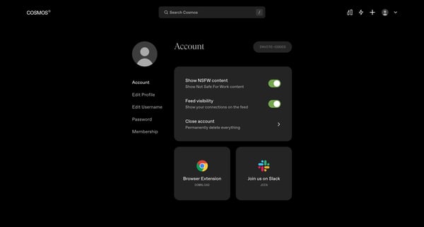 Settings | Cosmos screen