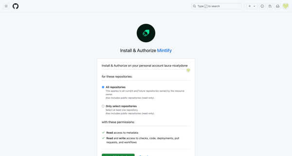 Installing Mintlify screen