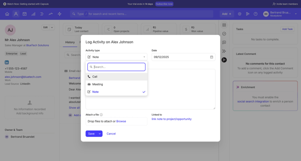 Alex Johnson | Nicelydone CRM screen