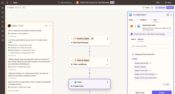 Create Trello Cards from Task Messages | Zapier screen