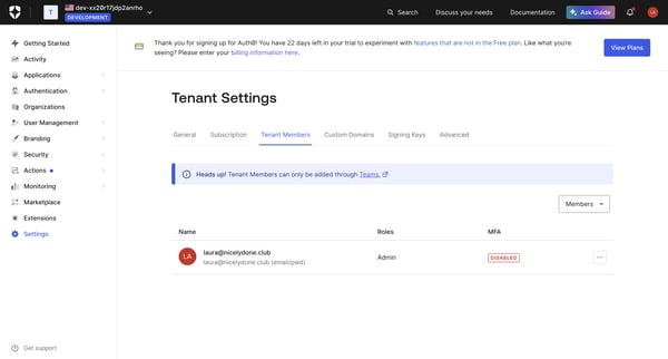Tenant Settings screen