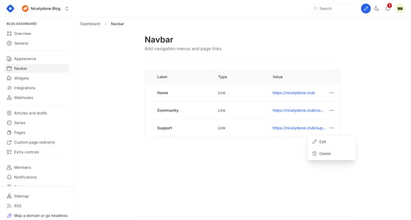 Dashboard - Navbar from Hashnode
