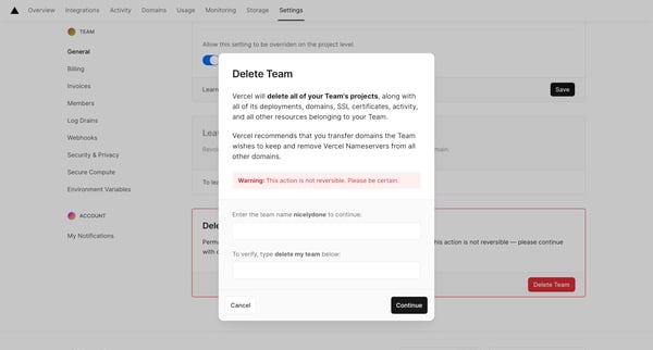 General - Team Settings – Dashboard – Vercel screen