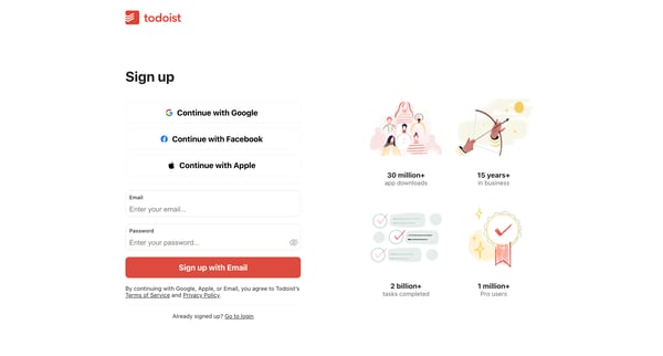 Sign up for a free Todoist account screen