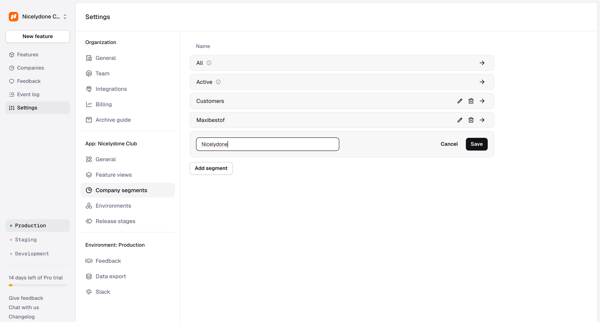 Settings › App › Company segments screen