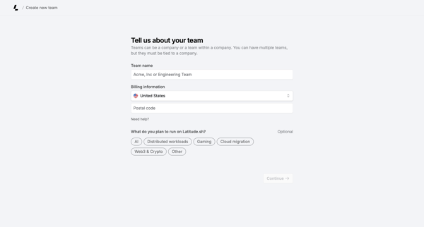 Create Team – Dashboard - Latitude.sh screen
