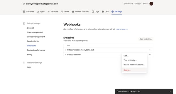 Webhooks - Tailscale screen