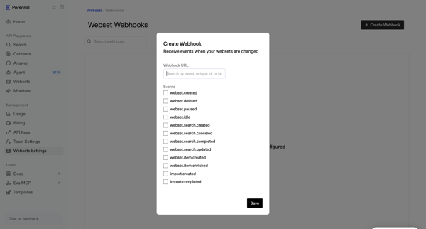 Webset Webhooks screen