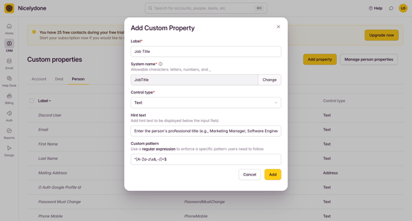 Custom Properties screen