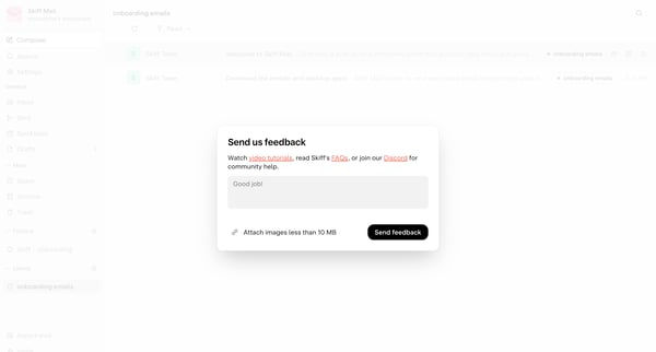 onboarding emails - nicelydone@skiff.com screen