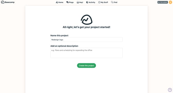 New project screen