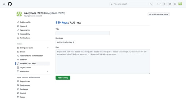 Add new SSH keys screen