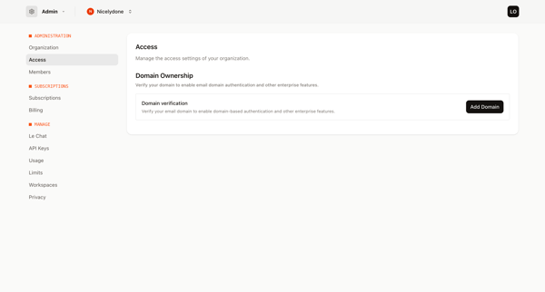 Access - Admin - Mistral AI screen