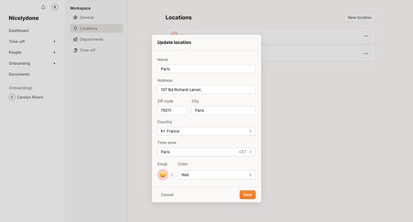 Locations | Settings  Aboard screen